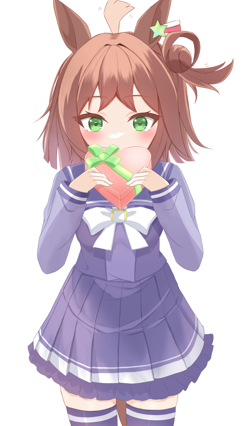 1girl absurdres ahoge blush breasts brown_hair covered_mouth gift green_eyes hair_bun hair_ornament highres kudo_(user_dzch8572) looking_at_viewer medium_breasts medium_hair rhein_kraft_(umamusume) ribbon school_uniform solo thighhighs tracen_school_uniform umamusume valentine white_background