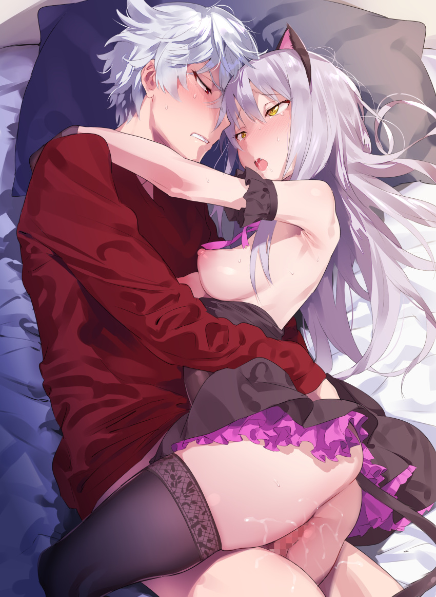 1boy 1girl absurdres animal_ears armpits asahi_nayuta bang_dream! bed black_gloves black_thighhighs blush bottomless breasts cat_ears cat_tail censored commission commissioner_upload fake_animal_ears fang frills from_argonavis gloves grey_hair hands_on_another's_shoulders hetero highres implied_sex layered_skirt long_hair medium_breasts minato_yukina mosaic_censoring nanaichi neck_ribbon nipples no_pants non-web_source on_bed partially_undressed pillow purple_ribbon pussy_juice red_eyes ribbon sex skeb_commission skirt sweat sweater tail teeth thighhighs vaginal yellow_eyes