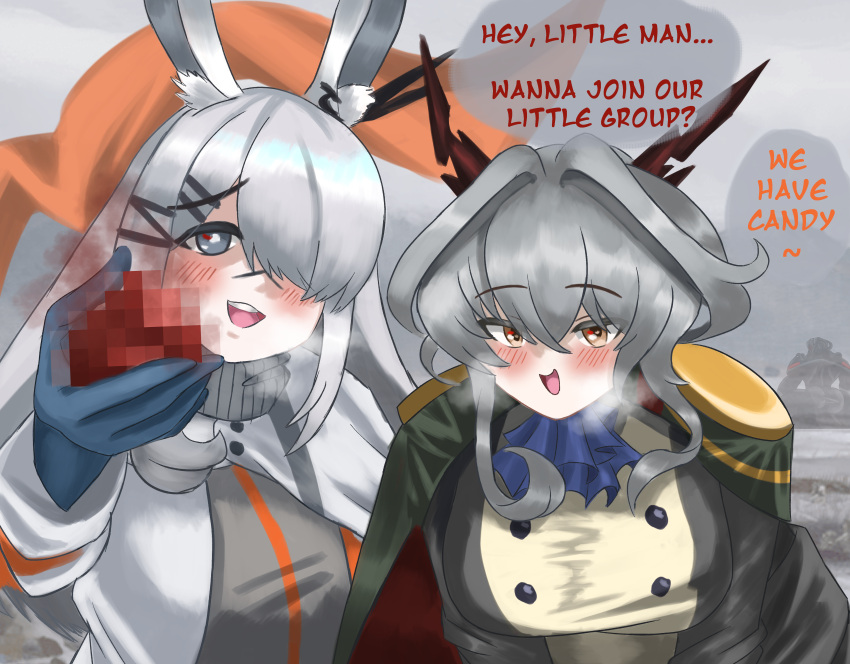 1other 2girls absurdres animal_ears arknights ascot blush candy censored dragon_girl dragon_horns english_text fog food frostnova_(arknights) grey_hair hair_over_one_eye highres holding holding_candy holding_food horns mintmosse mosaic_censoring multiple_girls rabbit_ears rabbit_girl scarf speech_bubble talulah_(arknights) talulah_the_fighter_(arknights) white_hair