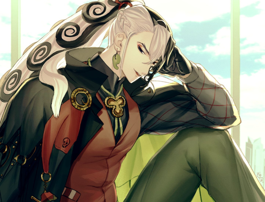 1boy alternate_hairstyle ashiya_douman_(fate) ashiya_douman_(tour_outfit)_(fate) ayamatazu black_eyes black_gloves black_jacket blue_sky braid earrings fate/grand_order fate_(series) from_side gloves green_pants hair_between_eyes jacket jewelry long_hair looking_at_viewer magatama magatama_earrings male_focus multicolored_hair open_mouth pants ponytail red_vest signature sitting sky solo split-color_hair very_long_hair vest