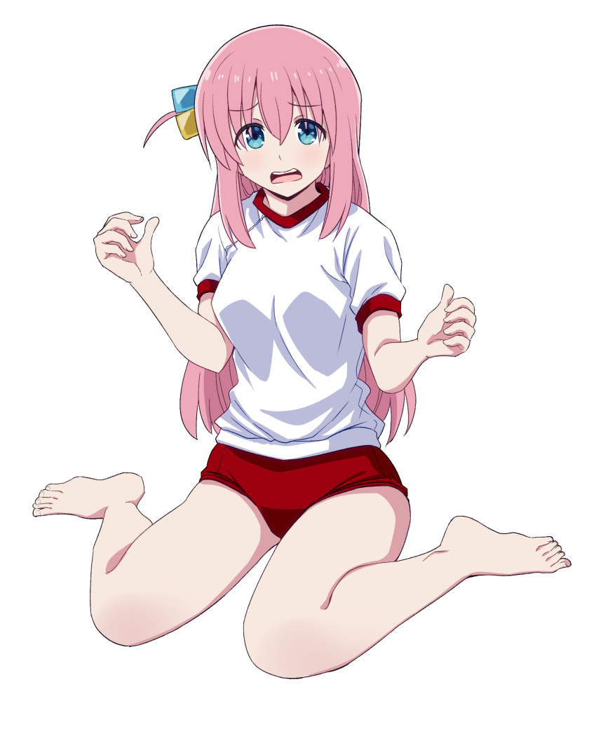 1girl barefoot bocchi_the_rock! breasts buruma cube_hair_ornament full_body gotoh_hitori gym_shirt gym_uniform hair_between_eyes hair_ornament highres jacket long_hair looking_at_viewer pink_hair ponzu_rui red_buruma shirt short_sleeves simple_background sitting solo toes white_background