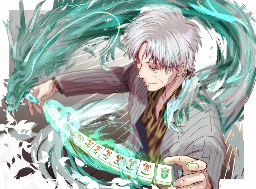 1boy absurdres akagi_shigeru animal_print blazer closed_mouth collared_shirt commentary_request dragon fingernails fugusashi_(fgss2089) fukumoto_mahjong grey_hair grey_jacket highres jacket long_sleeves mahjong mahjong_tile male_focus medium_bangs old old_man open_clothes open_jacket print_shirt shirt short_hair smile solo striped_clothes striped_jacket ten_(manga) tiger_print upper_body vertical-striped_clothes vertical-striped_jacket