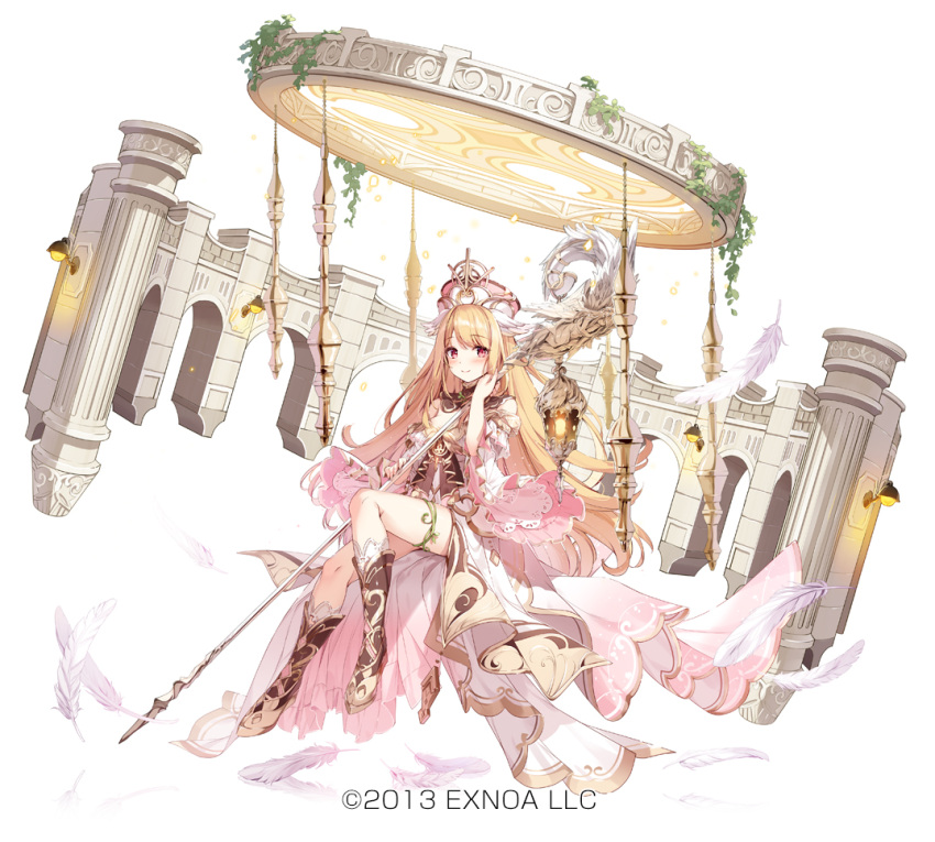 1girl blonde_hair blush boots brown_footwear character_request closed_mouth colonnade column commentary_request copyright_notice dress feathers frilled_sleeves frills full_body gold hat head_wings holding knee_boots lantern long_dress long_hair mage_staff miyase_mahiro official_art pillar pink_dress pink_eyes pink_headwear plant sennen_sensou_aigis smile solo very_long_hair vines white_background white_headwear wide_sleeves wings