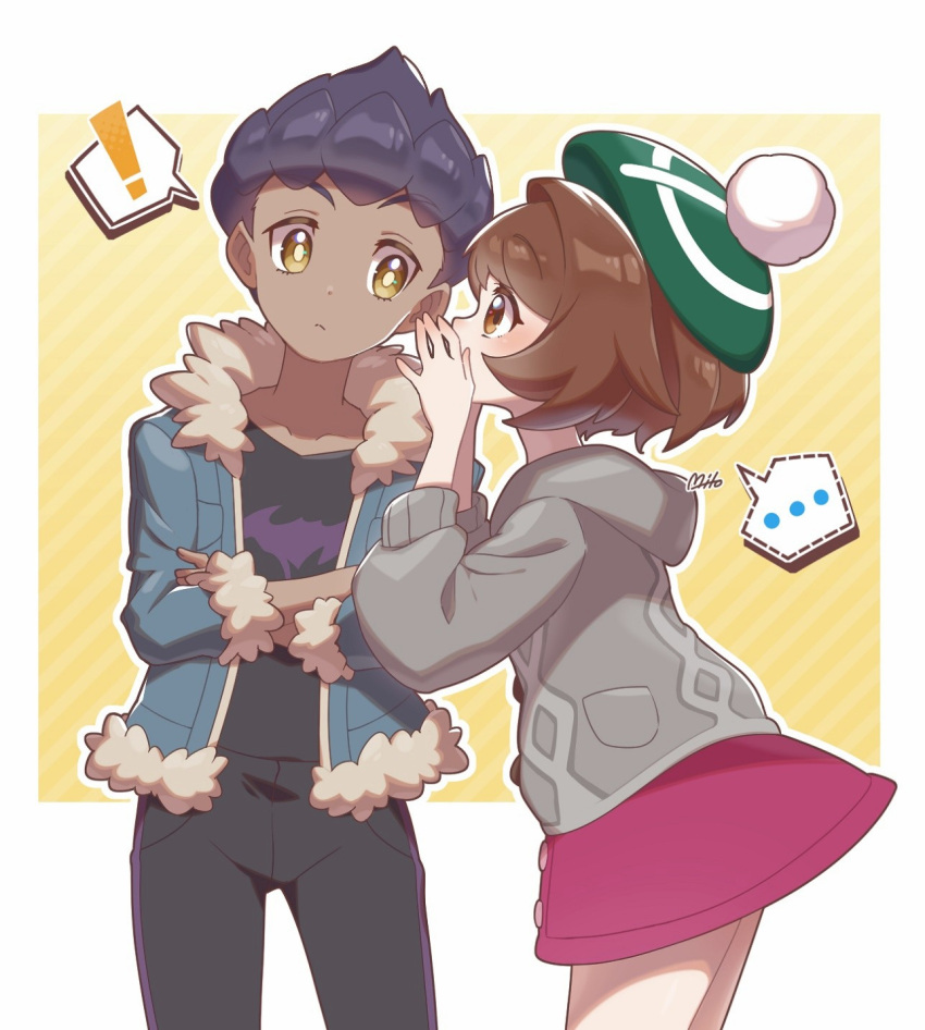 ! ... 1boy 1girl border bright_pupils brown_eyes brown_hair buttons cardigan closed_mouth dark-skinned_male dark_skin dress fur-trimmed_jacket fur_trim gloria_(pokemon) green_headwear grey_cardigan hanamori_mito hand_up hat highres hood hood_down hooded_cardigan hop_(pokemon) jacket outside_border pants pokemon pokemon_swsh shirt short_hair spoken_ellipsis spoken_exclamation_mark tam_o'_shanter white_border yellow_background yellow_eyes