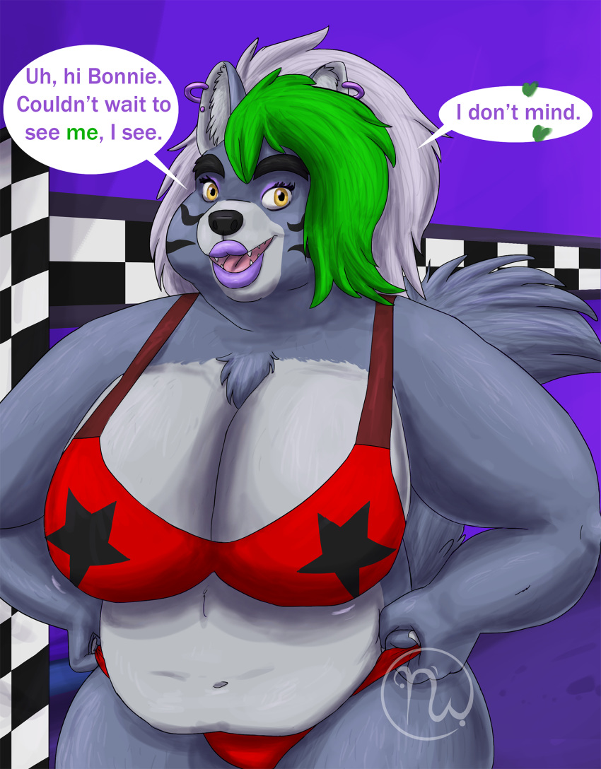 2024 5_fingers anthro artist_logo bangs belly belly_overhang big_breasts black_eyebrows black_nose bra breasts canid canine canis checkered_flag checkered_wall chest_tuft claws cleavage clothed clothing colored dialogue digital_drawing_(artwork) digital_media_(artwork) ear_piercing ear_ring eyebrows eyeshadow facial_markings fangs female finger_claws fingers five_nights_at_freddy's five_nights_at_freddy's:_security_breach flag fluffy fluffy_tail fur green_text grey_body grey_fur grey_hair grey_tail hair head_markings heart_symbol hi_res inside lips logo long_hair long_tail makeup mammal markings motion_lines multicolored_body multicolored_fur multicolored_hair multicolored_wall navel open_mouth overweight overweight_anthro overweight_female panties partially_clothed piercing pink_tongue pulling_underwear purple_ear_ring purple_eyeshadow purple_lips purple_text purple_wall red_bra red_clothing red_panties red_underwear ring_piercing roxanne_wolf_(fnaf) scottgames shaded skywater solo speech_bubble star_clothing steel_wool_studios tail talking_to_another talking_to_viewer teeth text thick_eyebrows thick_lips thick_thighs tongue tuft underwear wall_(structure) wide_hips wolf
