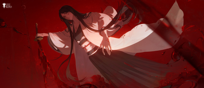 1girl absurdres black_hair black_hakama bleach blood blood_on_weapon hakama hakama_skirt haori highres holding holding_sword holding_weapon japanese_clothes katana long_hair obi sash shihakusho skirt solo sword unohana_retsu weapon white_haori zm-panda-