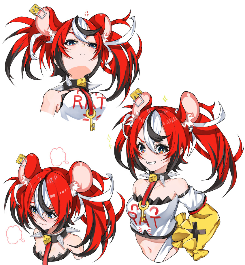 1girl absurdres animal_ears bare_shoulders black_hair cheese closed_mouth collar collarbone cropped_torso detached_sleeves food grin gummy_candy_93 hakos_baelz highres hololive hololive_english key long_hair long_sleeves mouse_ears multiple_views navel red_hair shirt smile spiked_collar spikes teeth twintails white_hair white_shirt