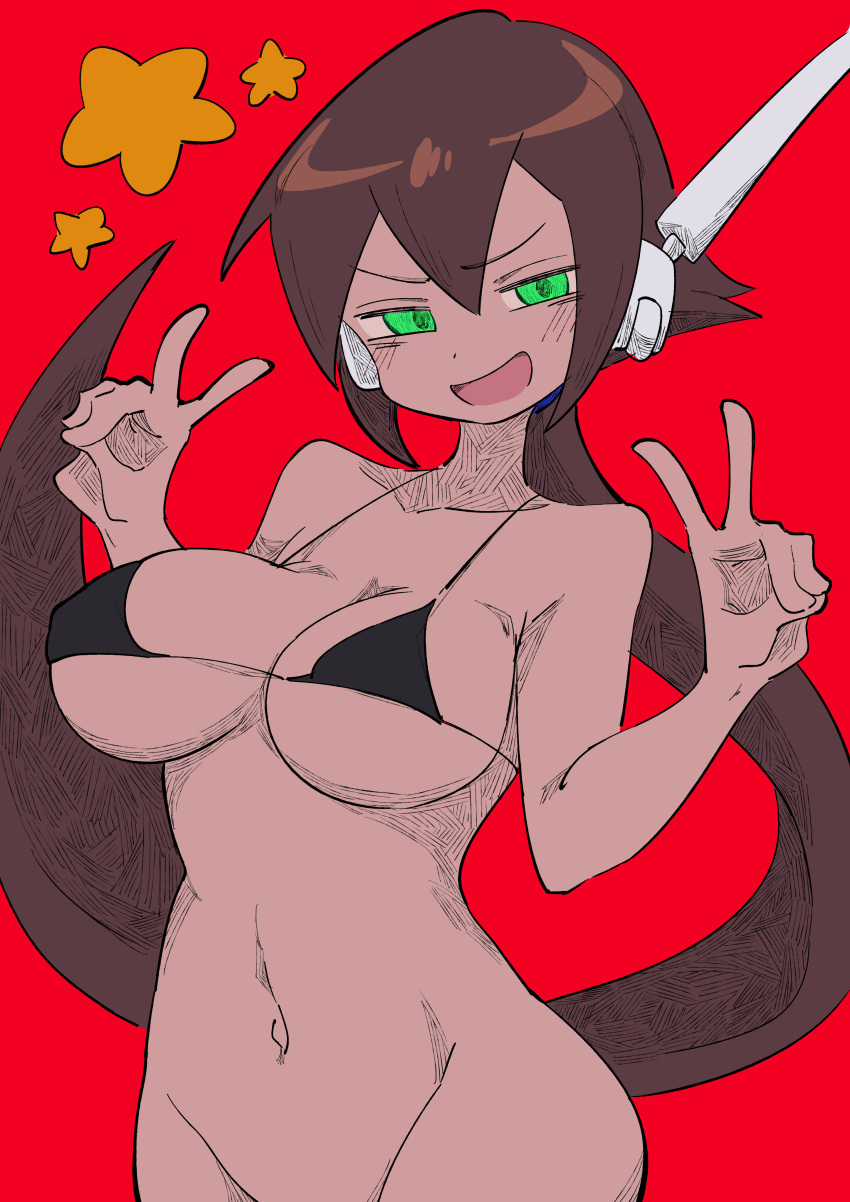 1girl absurdres aile_(mega_man_zx) animal_ears bell bikini black_bikini blush bottomless breasts brown_hair buzzlyears collarbone double_v fang green_eyes highres large_breasts long_hair mega_man_(series) mega_man_zx mega_man_zx_advent navel neck_bell nervous ponytail red_background revealing_clothes robot_ears simple_background skin_fang smug solo star_(symbol) swimsuit v