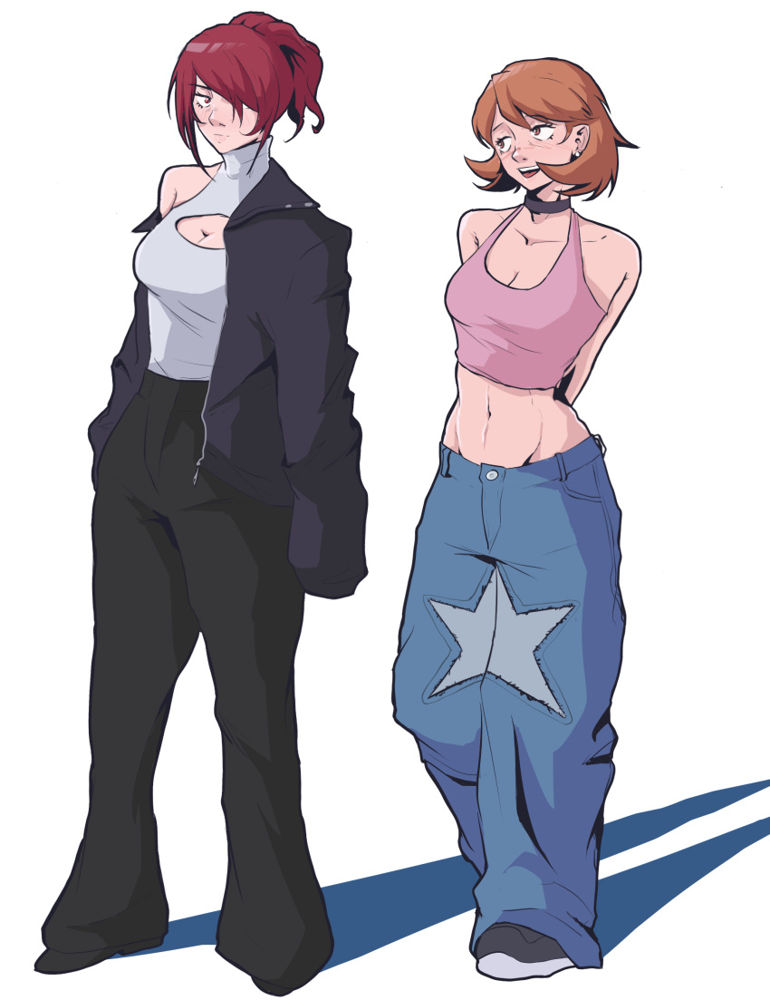 2girls absurdres baggy_pants black_jacket black_pants breast_cutout brown_hair choker denim dentedhood earrings hair_over_one_eye highres jacket jeans jewelry kirijou_mitsuru multiple_girls navel pants persona persona_3 pink_tank_top red_hair simple_background takeba_yukari tank_top turtleneck white_background