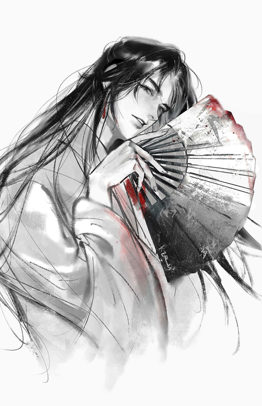 1boy absurdres blood blood_on_clothes chinese_clothes dangle_earrings earrings folding_fan greyscale hand_fan hanfu highres holding holding_fan jewelry keru233 long_hair long_sleeves looking_at_viewer monochrome open_mouth qiang_jin_jiu shen_lanzhou single_earring smile solo spot_color upper_body white_background wide_sleeves