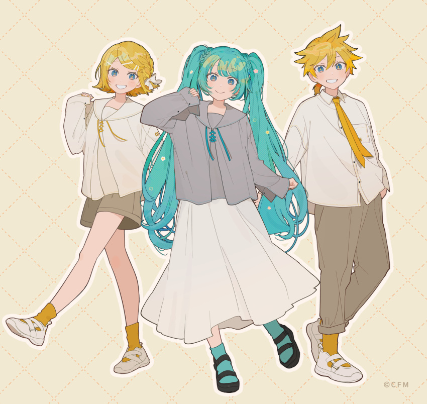 1boy 2girls aqua_eyes aqua_hair aqua_socks black_footwear blonde_hair blue_eyes bow braid brother_and_sister closed_mouth contrapposto dress flower full_body grin hair_between_eyes hair_bow hair_flower hair_ornament hassan_(sink916) hatsune_miku highres hood hoodie kagamine_len kagamine_rin long_dress long_hair long_sleeves looking_at_viewer multiple_girls necktie pants sandals short_hair shorts siblings side_braid sleeves_past_wrists smile socks standing standing_on_one_leg swept_bangs twins twintails vocaloid white_footwear