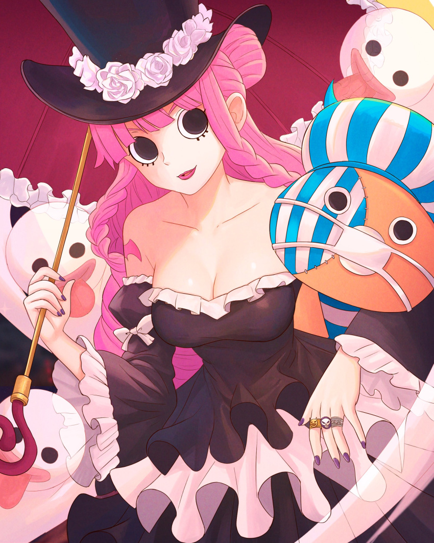 1girl absurdres bare_shoulders black_dress black_eyes black_headwear braid commentary dress flower frilled_dress frilled_sleeves frills hat hat_flower highres holding holding_umbrella jewelry juliet_sleeves long_hair long_sleeves off-shoulder_dress off_shoulder one_piece parted_lips perona pink_hair pink_lips puffy_sleeves ribbon ring rose top_hat truejekart twin_braids umbrella upper_body very_long_hair white_flower white_ribbon white_rose
