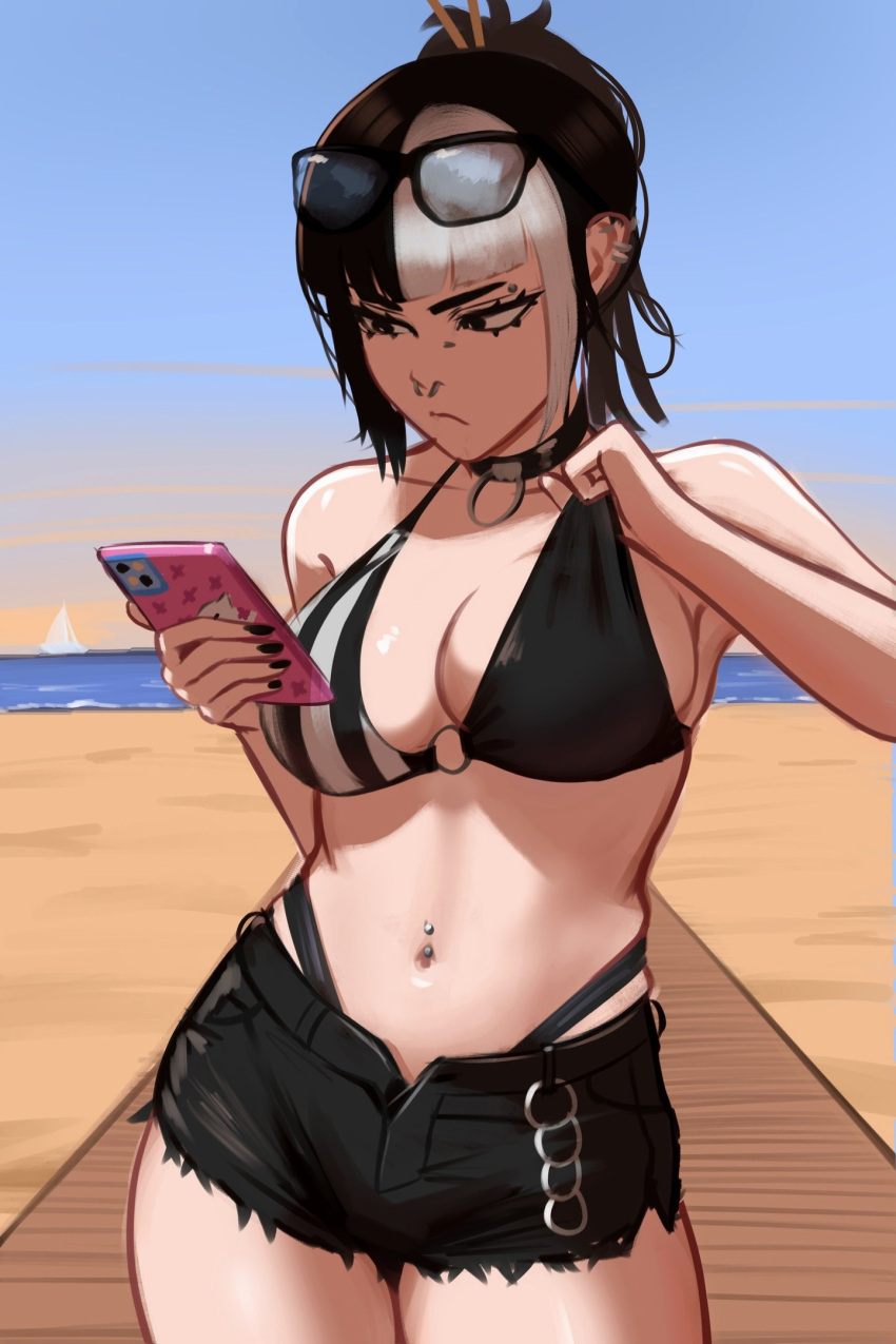 adjusting_clothes adjusting_swimsuit beach bikini bikini_tug black_bikini black_eyes black_hair black_shorts blunt_bangs bra breasts cellphone choker cleavage ear_piercing eyewear_on_head hair_ornament hair_stick highleg highleg_bikini highres holding holding_phone lip_piercing looking_at_phone multicolored_hair navel navel_piercing o-ring o-ring_bikini ocean original phone piercing pout shorts skindentation sky smartphone stomach striped_bikini striped_clothes swimsuit thighs two-tone_bikini two-tone_hair underwear veyonis