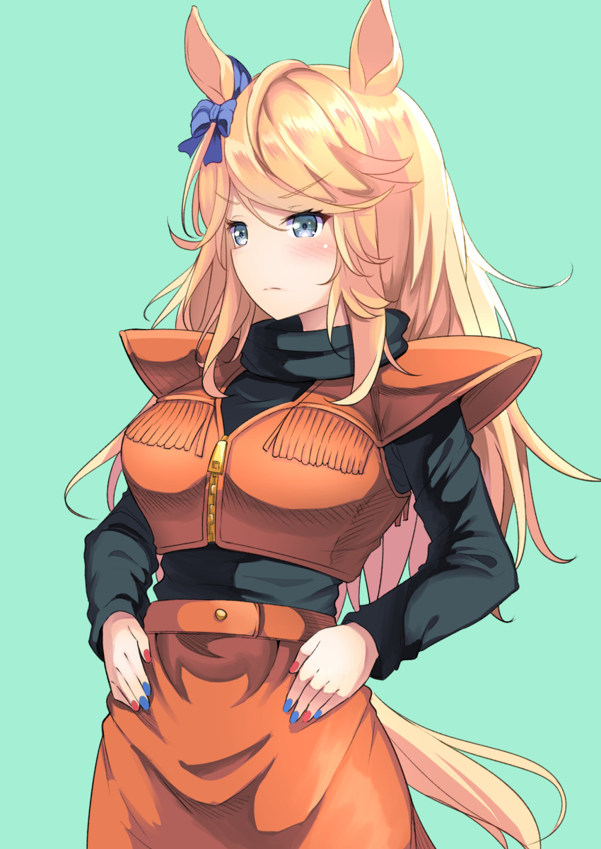 1girl alternate_costume android_18 android_18_(cosplay) animal_ears aqua_background black_sweater blonde_hair blue_bow blue_eyes blue_nails blush bow commentary_request cosplay cowboy_shot cropped_jacket dragon_ball dragon_ball_(classic) ear_bow gold_city_(umamusume) hands_on_own_hips highres horse_ears horse_girl horse_tail jacket long_hair long_sleeves multicolored_nails nail_polish orange_jacket orange_skirt red_nails school_uniform simple_background skirt sleeveless sleeveless_jacket solo sweater tail umamusume v-shaped_eyebrows yuutopia