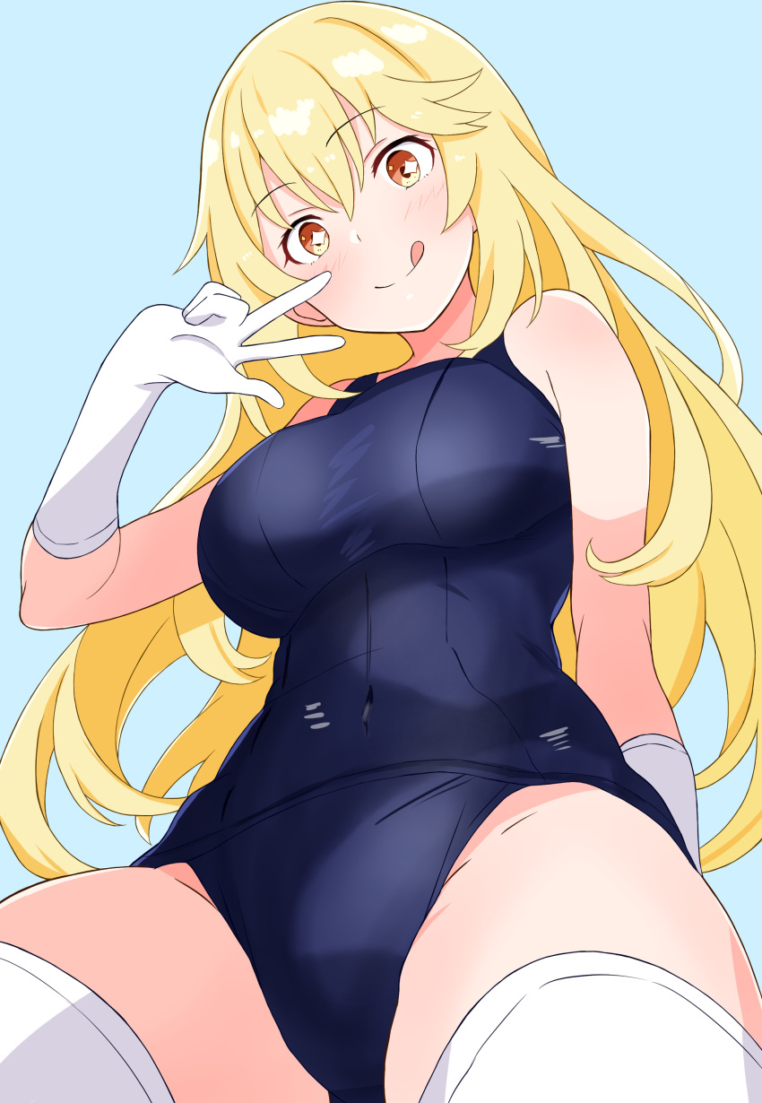 1girl :q absurdres black_one-piece_swimsuit blonde_hair breasts commentary_request covered_navel elbow_gloves gloves hair_between_eyes hand_up highleg highleg_swimsuit highres large_breasts long_hair looking_at_viewer o_be3 one-piece_swimsuit paid_reward_available school_swimsuit shokuhou_misaki simple_background solo sparkling_eyes swimsuit thighhighs toaru_kagaku_no_mental_out toaru_kagaku_no_railgun toaru_majutsu_no_index tongue tongue_out w white_gloves white_thighhighs yellow_eyes