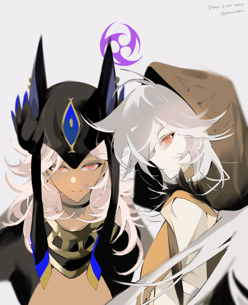 2boys absurdres animal_ears bishounen cyno_(genshin_impact) dark-skinned_male dark_skin from_side genshin_impact grey_hair highres hood long_hair looking_at_viewer male_focus multiple_boys onikuuuutaberu razor_(genshin_impact) red_eyes scar scar_on_face simple_background upper_body white_background white_hair