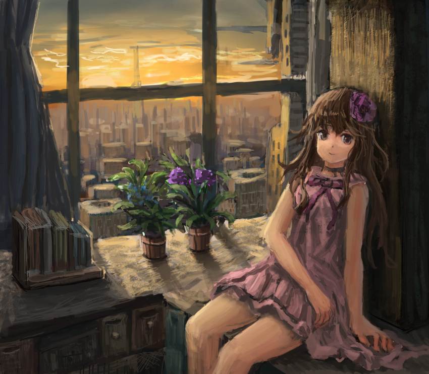 1girl ame_sagari bare_arms bare_legs bare_shoulders black_choker book book_stack bow bowtie brown_hair building choker city closed_mouth cloud cloudy_sky commentary cowboy_shot curtains drawer dress flower frilled_dress frills hair_flower hair_ornament highres indoors long_hair looking_at_viewer orange_skirt original plant potted_plant purple_bow purple_bowtie purple_dress purple_eyes purple_flower purple_rose rose short_dress sidelocks sitting skirt sky skyscraper sleeveless sleeveless_dress smile solo sunset window