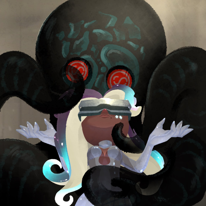 1girl aqua_hair black_hair bodysuit breasts closed_mouth commentary dark-skinned_female dark_skin english_commentary gradient_hair grey_background grey_bodysuit head-mounted_display highres jelleton kraken long_hair marina_(splatoon) mole mole_under_mouth multicolored_hair octoling overlorder_(splatoon) red_eyes splatoon_(series) splatoon_3 splatoon_3:_side_order spoilers tentacle_hair tentacles two-tone_hair vincenciel