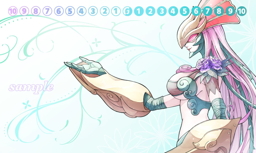 1girl breasts ceresmon ceresmon_medium commentary_request covered_eyes digimon digimon_(creature) digimon_card_game flower from_side highres large_breasts lips long_hair nagoshi outstretched_arm pink_hair purple_flower purple_rose revealing_clothes rose sample_watermark solo thorns underboob very_long_hair watermark