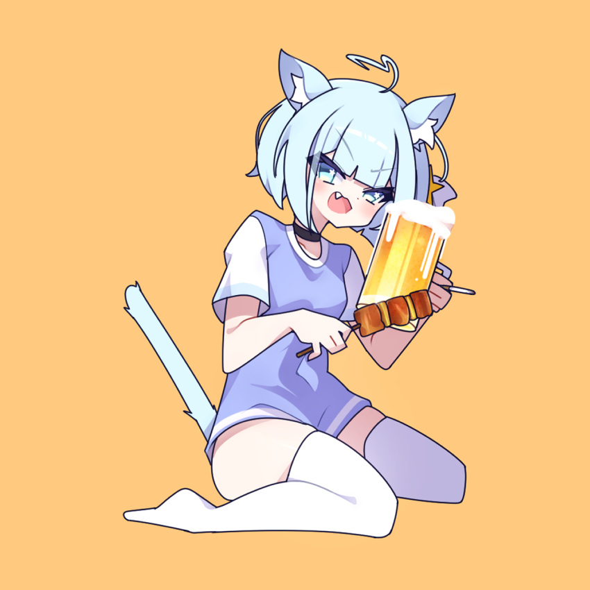 1girl alcohol animal_ears beer beer_mug blue_eyes cat_ears cat_tail cross_(vgne4542) cup food highres jelly_hoshiumi mug phase_connect short_hair simple_background solo tail yakitori