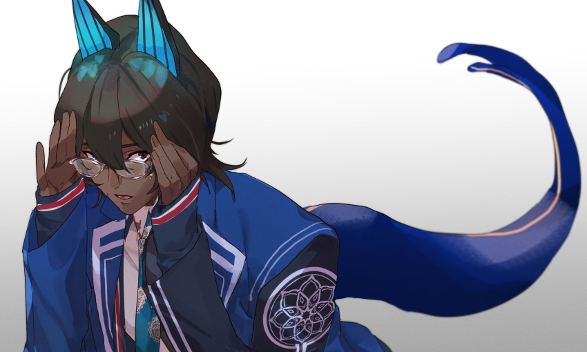 1boy arjuna_(fate) arjuna_alter_(fate) arjuna_alter_(student_council_president)_(fate) black_eyes black_hair blue_shirt dark-skinned_male dark_skin embroidery fate/grand_order fate_(series) glasses hair_between_eyes hands_on_own_face highres horns koroponsu3 long_sleeves looking_at_viewer lotus_print necktie parted_lips shirt simple_background tail