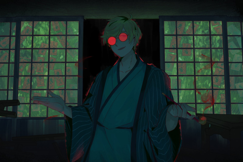 1boy ahoge aqua_hakama aqua_kimono blind_cloud blonde_hair collarbone commentary_request final_fantasy final_fantasy_xiv hancock_fitzgerald highres holding holding_smoking_pipe hyur indoors jacket japanese_clothes kimono kiseru looking_at_viewer male_focus ofuda open_mouth red-tinted_eyewear round_eyewear short_hair smile smoke smoking_pipe solo striped_clothes striped_jacket sunglasses tinted_eyewear upper_body wide_sleeves window