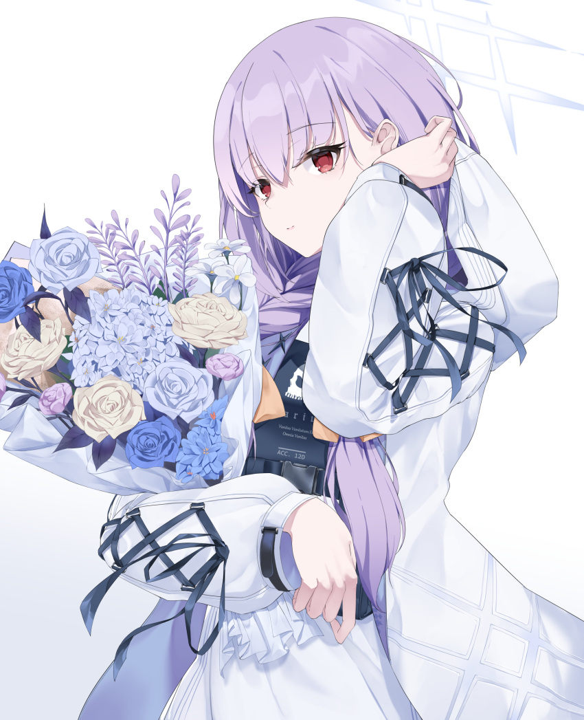 1girl atsuko_(blue_archive) blue_archive bouquet braid closed_mouth commentary dress flak_jacket hair_ribbon halo highres holding holding_bouquet hood hood_down jacket light_smile long_sleeves looking_at_viewer low_twin_braids mkldragon purple_hair red_eyes ribbon simple_background solo twin_braids upper_body white_background white_dress white_hood white_jacket yellow_ribbon