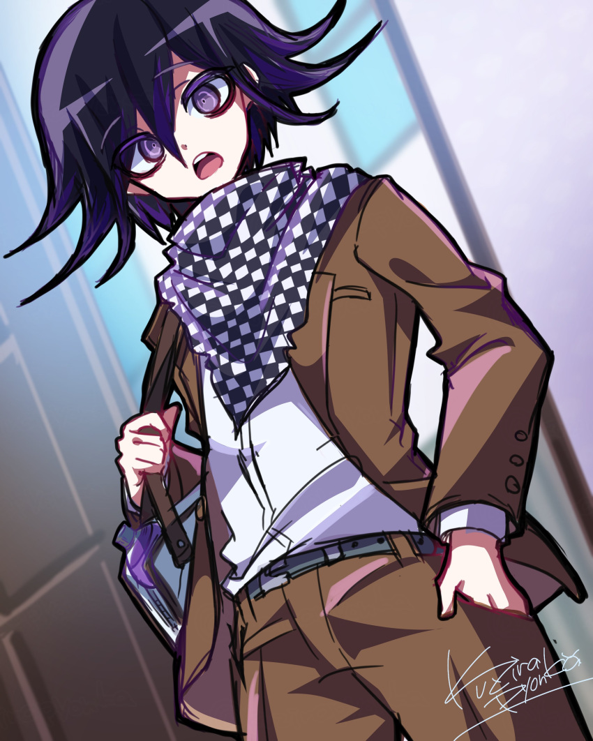 1boy absurdres alternate_costume artist_name bag belt black_hair brown_jacket brown_pants checkered_clothes checkered_scarf cowboy_shot d: danganronpa_(series) danganronpa_v3:_killing_harmony flipped_hair hair_between_eyes highres hope's_peak_academy_school_uniform jacket kujira_pyon_ka looking_at_viewer multicolored_hair oma_kokichi pants purple_hair scarf school_uniform shirt shoulder_bag solo teeth two-tone_hair upper_teeth_only white_shirt