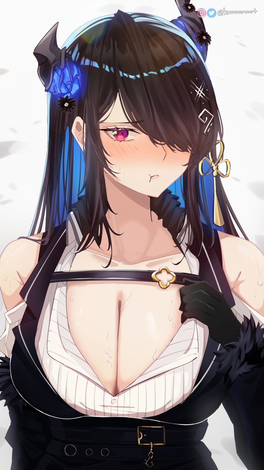 1girl absurdres asymmetrical_horns bare_shoulders black_coat black_gloves black_hair blue_hair blush breast_strap breasts cleavage clothing_cutout coat colored_inner_hair demon_horns dress_shirt gloves hair_ornament hair_over_one_eye highres hololive hololive_english horns knownameart large_breasts long_hair looking_at_viewer mixed-language_commentary multicolored_hair nerissa_ravencroft pout red_eyes shirt shoulder_cutout simple_background solo striped_clothes striped_shirt sweat twitter_username upper_body virtual_youtuber