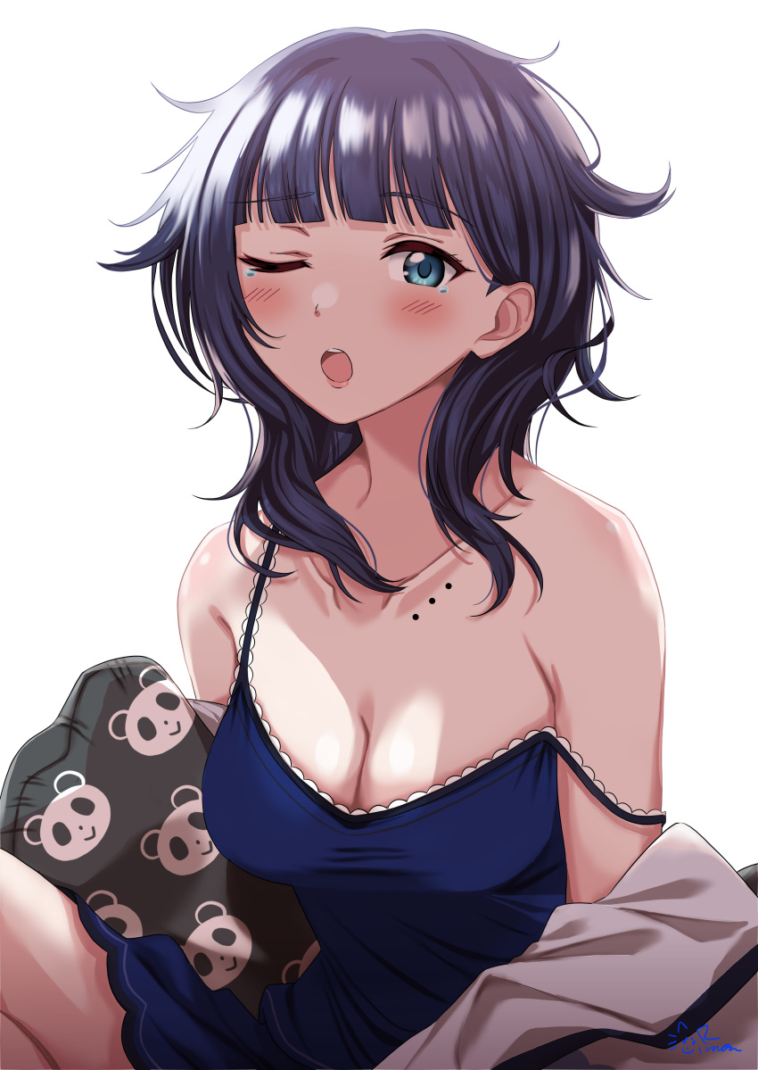 1girl ;o absurdres asaka_karin black_hair blue_eyes blue_hair blue_negligee blue_nightgown blunt_bangs blush breasts choppy_bangs cleavage commentary_request dark_blue_hair highres long_hair looking_at_viewer love_live! love_live!_nijigasaki_high_school_idol_club medium_breasts messy_hair mole mole_on_collarbone negligee nightgown one_eye_closed rinon42600 sleepwear solo strap_slip swept_bangs tearing_up waking_up yawning