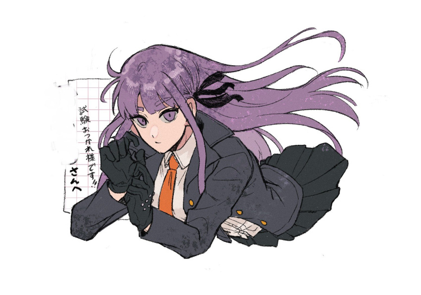 1girl adjusting_clothes adjusting_gloves black_jacket black_ribbon black_skirt closed_mouth collared_shirt danganronpa:_trigger_happy_havoc danganronpa_(series) gloves grey_shirt hair_ribbon jacket kirigiri_kyoko long_hair long_sleeves miniskirt necktie open_clothes open_jacket orange_necktie pleated_skirt purple_eyes purple_hair ribbon shiba_(picopicosa) shirt skirt smile solo translation_request white_background