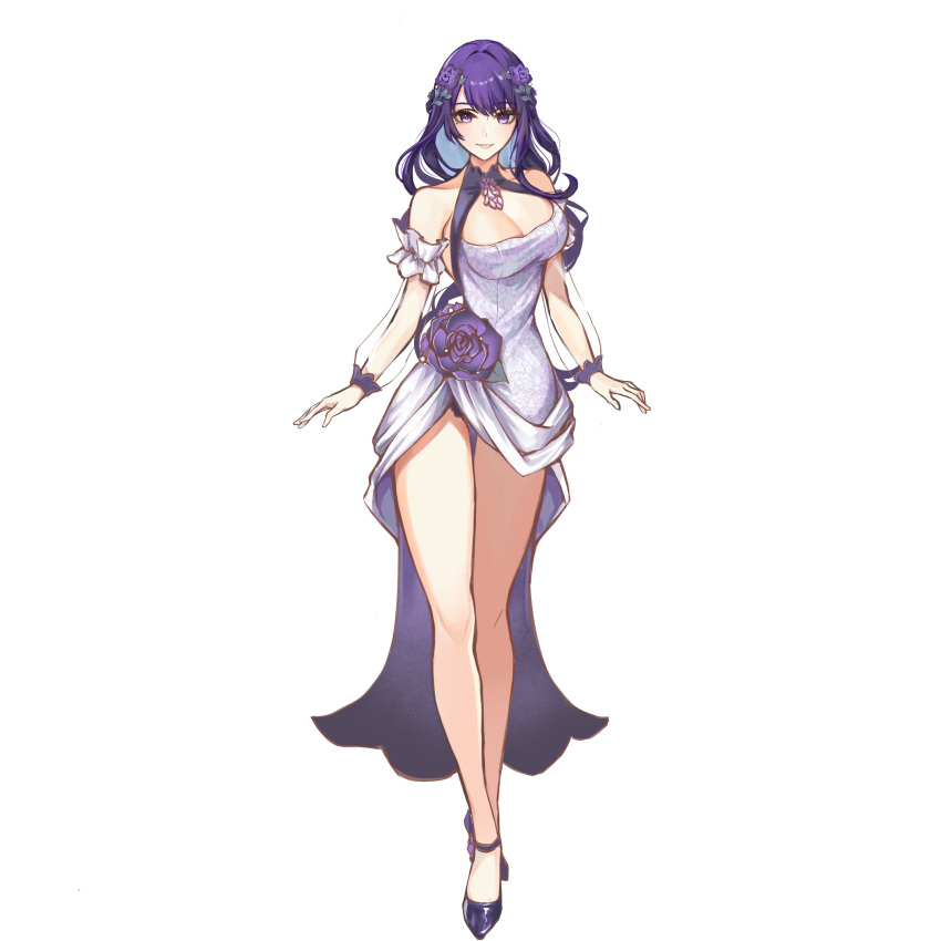 1girl absurdres alternate_costume bare_legs bare_shoulders breasts cleavage commentary_request detached_sleeves dress full_body genshin_impact highres il0ha_genshin long_hair long_sleeves looking_at_viewer purple_eyes purple_hair raiden_shogun see-through see-through_sleeves shoes sleeveless sleeveless_dress smile solo standing thighs white_dress