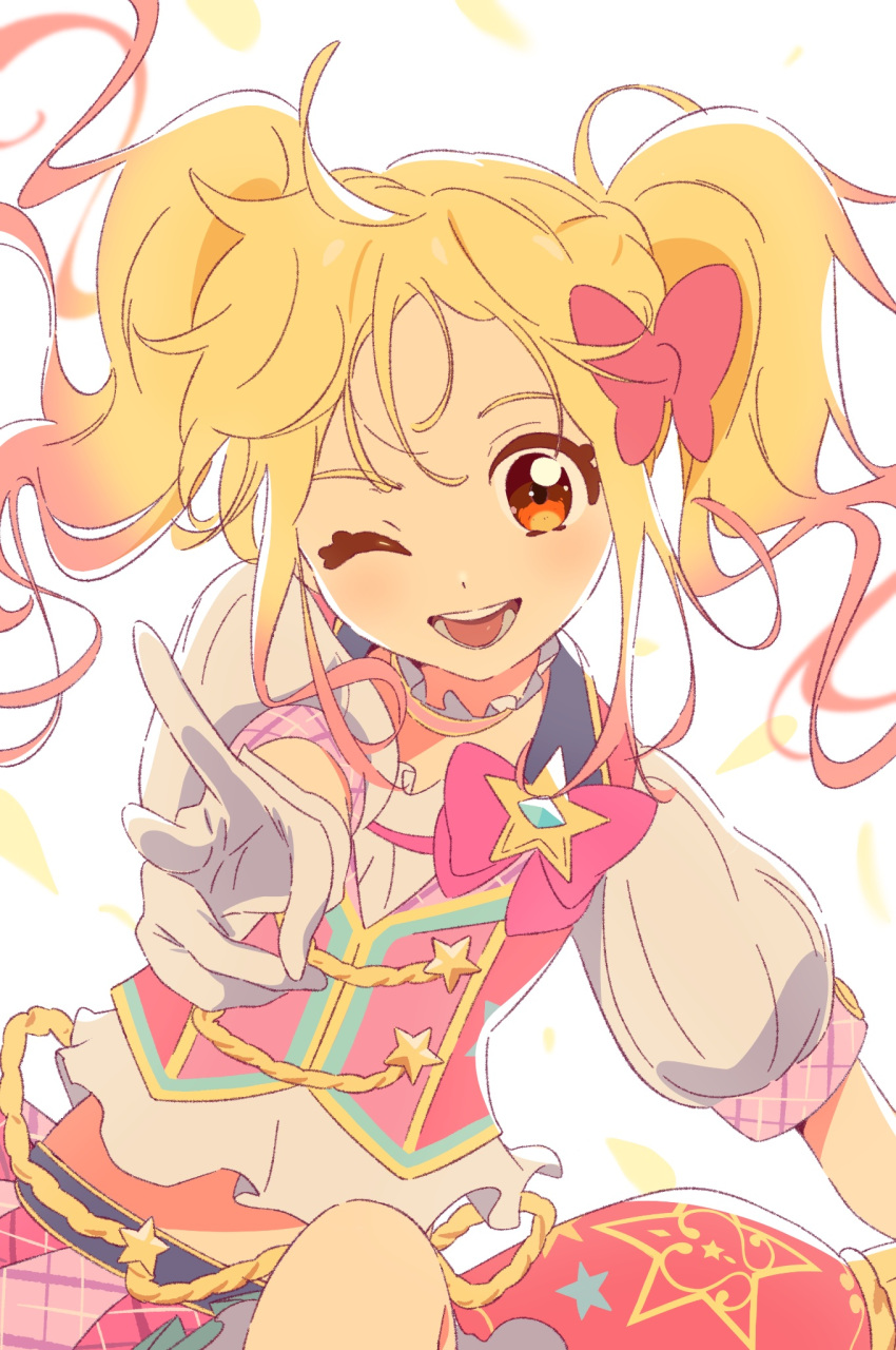 1girl :d aikatsu!_(series) aikatsu_stars! blonde_hair bow dot_nose floating_hair gloves gradient_hair hair_bow hashtag_only_commentary highres idol leg_up looking_at_viewer medium_hair midriff multicolored_hair nijino_yume one_eye_closed open_mouth orange_eyes pink_bow pink_hair pointing pointing_at_viewer semham shirt short_sleeves sidelocks simple_background skirt smile solo twintails two-tone_hair white_background white_shirt