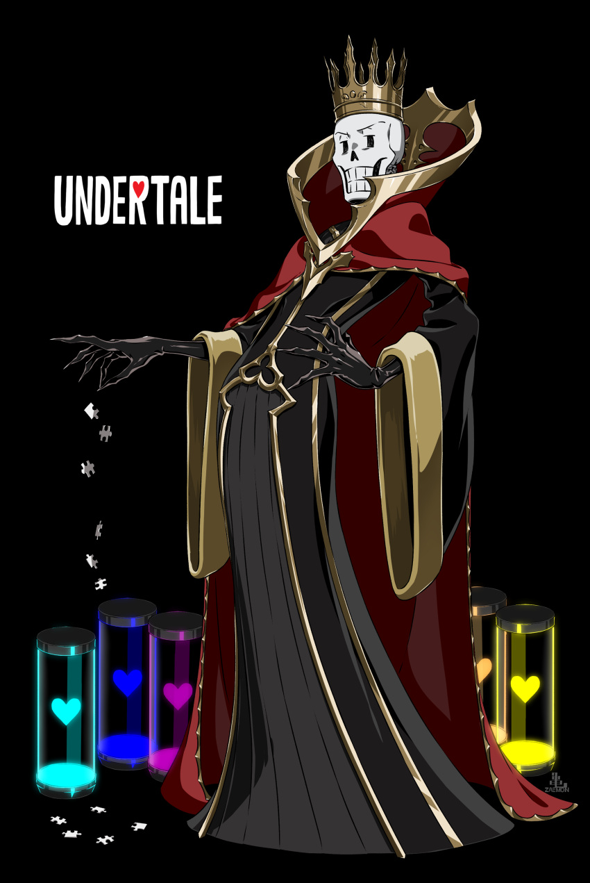 1boy absurdres alternate_costume black_background black_robe black_skin cel_shading cloak collared_cloak colored_skin commentary_request copyright_name crown from_side full_body gold_trim grin hand_on_own_hip heart high_collar highres kamezaemon leaning_back long_sleeves looking_at_viewer male_focus papyrus_(undertale) puzzle_piece red_cloak robe simple_background skeleton smile solo standing tube undertale wide_sleeves