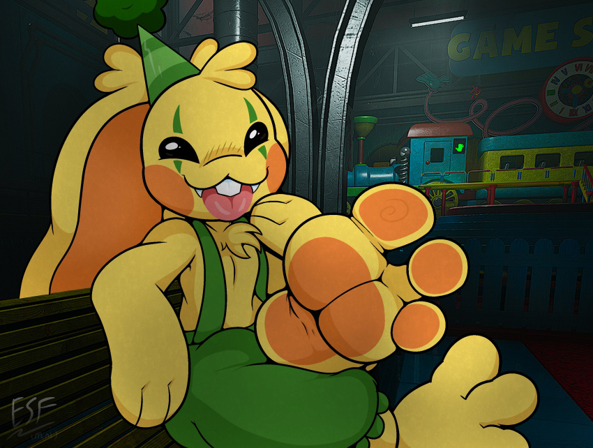 3_toes anthro big_feet bottomwear bunzo_bunny clothed clothing electricsnowfox feet foot_focus fur hat headgear headwear hi_res lagomorph leporid looking_at_viewer male mammal pants party_hat poppy_playtime rabbit sitting soles solo toes tongue tongue_out yellow_body yellow_fur