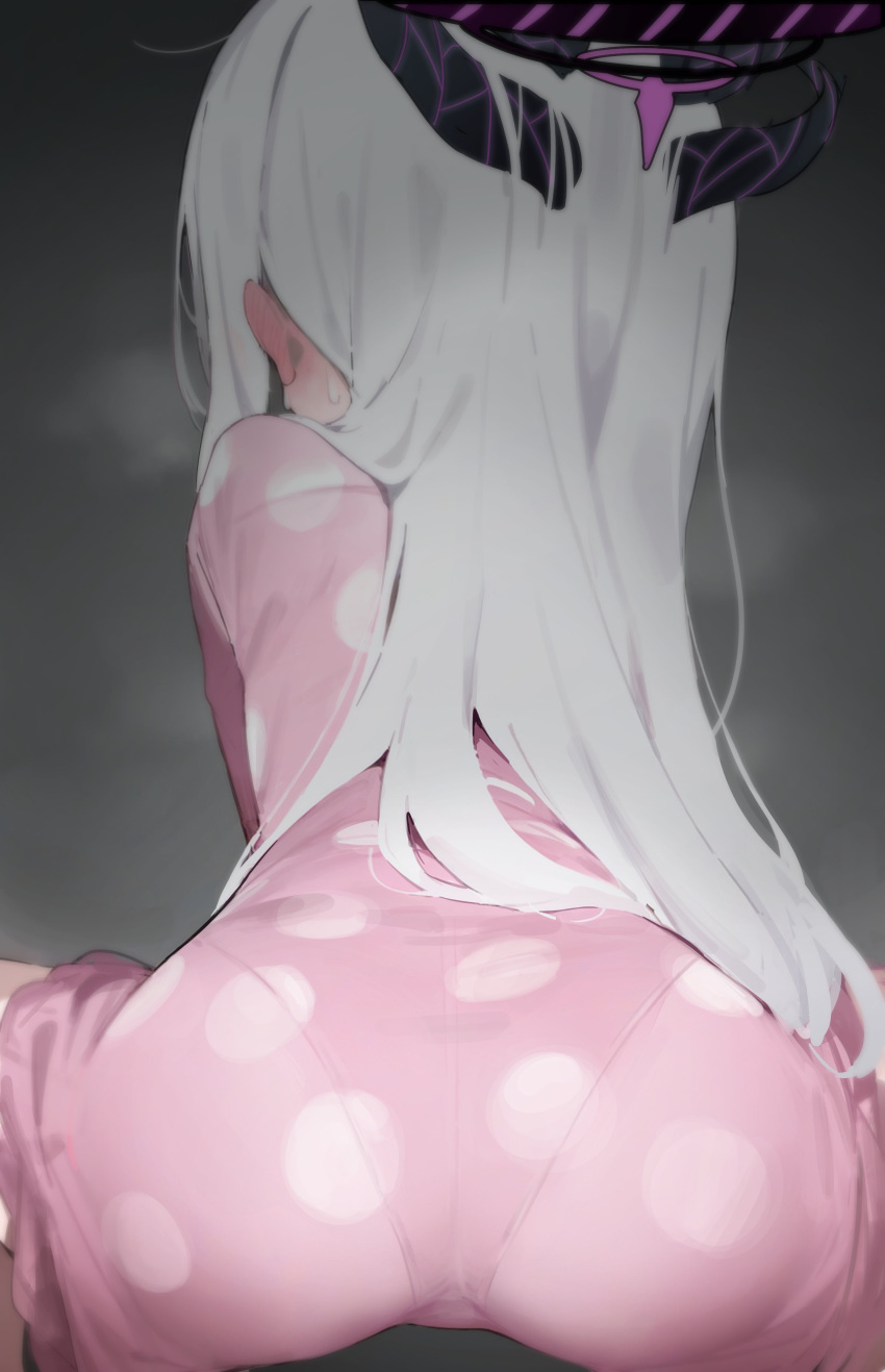 1girl absurdres ass black_halo black_horns blue_archive blush dress dydldidl ear_blush facing_away from_behind halo highres hina_(blue_archive) hina_(pajamas)_(blue_archive) horns long_hair panties_visible_through_clothes pink_dress polka_dot polka_dot_dress pov sitting solo white_hair