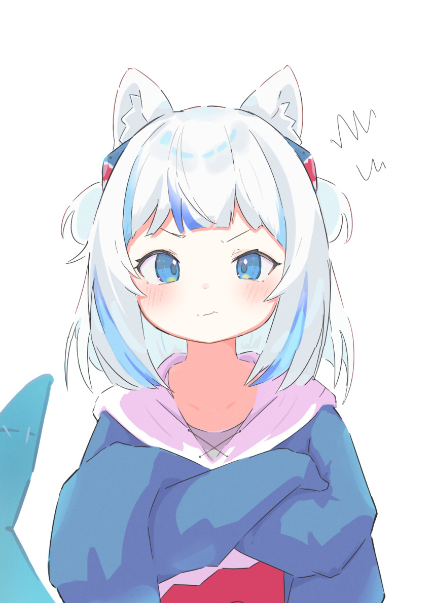 1girl animal_costume animal_ears annoyed bad_id bad_pixiv_id blue_eyes blue_hair blue_hoodie cat_ears closed_mouth crossed_arms fins fish_tail gawr_gura gawr_gura_(1st_costume) hair_ornament highres hololive hololive_english hood hoodie inaririn looking_at_viewer medium_hair multicolored_hair pout shark_costume shark_girl shark_hair_ornament shark_tail simple_background sleeves_past_wrists solo squiggle streaked_hair tail two_side_up v-shaped_eyebrows white_background white_hair