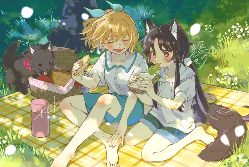 2girls ^_^ animal animal_ears apple bandaid bandaid_on_face bandaid_on_nose barefoot black_hair blanket blonde_hair blue_shorts bow bright_pupils closed_eyes collar commission crossed_ankles dappled_sunlight day dog dog_ears dog_girl dog_tail eating food food_in_mouth from_above fruit full_body grass hair_bow hair_ribbon highres holding holding_food hood hood_down hoodie kashima_kino long_hair low_twintails multiple_girls open_mouth original outdoors picnic picnic_basket picnic_blanket plaid_blanket ponytail red_eyes ribbon sandwich scenery shirt shirt_tucked_in short_hair short_sleeves shorts signature sitting skeb_commission slit_pupils smile sunlight tail twintails wariza white_hoodie white_pupils white_shirt