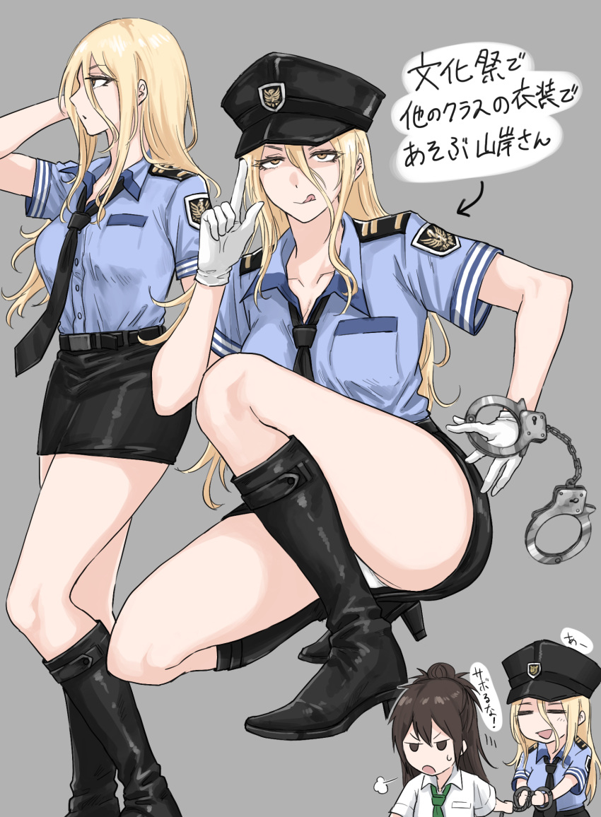 2girls arrest black_footwear black_necktie black_skirt blonde_hair blue_shirt boots brown_hair chibi fuku_(fuku12290574) green_necktie highres long_hair multiple_girls multiple_views necktie original panties pencil_skirt police police_uniform policewoman school_uniform shirt skirt thighs translation_request underwear uniform very_long_hair white_panties white_shirt yellow_eyes