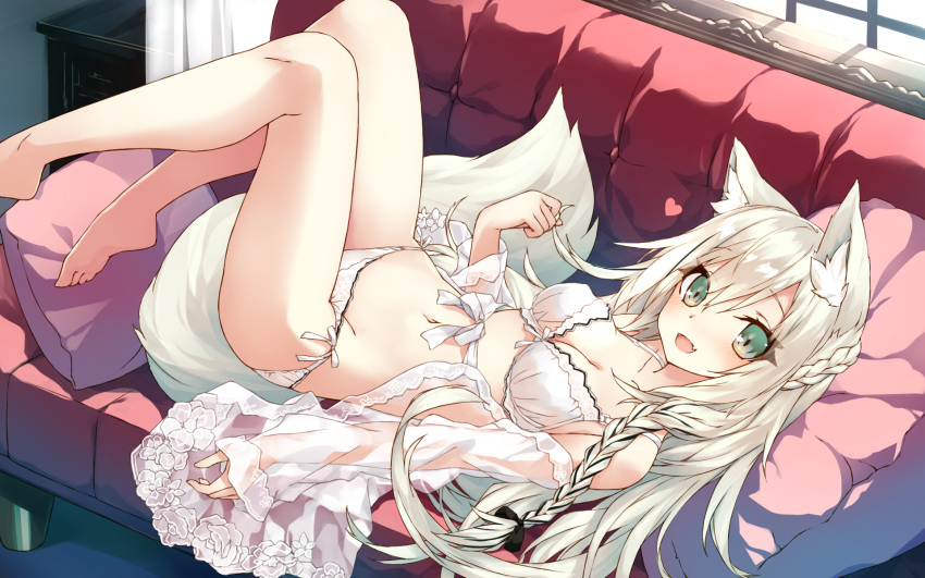 1girl :d animal_ears black_hair bra braid breasts commentary_request couch crown_braid fang fox_ears fox_girl fox_tail green_eyes highres long_hair long_sleeves looking_at_viewer lying medium_breasts multicolored_hair navel on_back on_couch open_mouth original panties pillow saeki_touma see-through see-through_sleeves skin_fang smile stomach tail two-tone_hair underwear white_bra white_hair white_panties