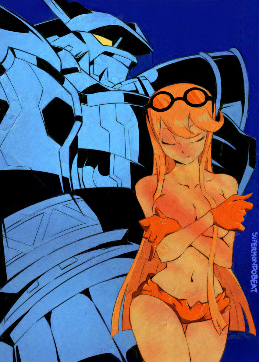 1girl absurdres alphamon armor bandai bare_shoulders black_gloves blonde_hair breasts cleavage collarbone covering_breasts covering_privates digimon digimon_(creature) digimon_story:_cyber_sleuth digimon_story:_cyber_sleuth_-_hacker's_memory eyewear_on_head gloves hand_on_own_chest highres kuremi_kyouko large_breasts long_hair navel no_bra scarf simple_background stomach sunglasses supermondobeat topless