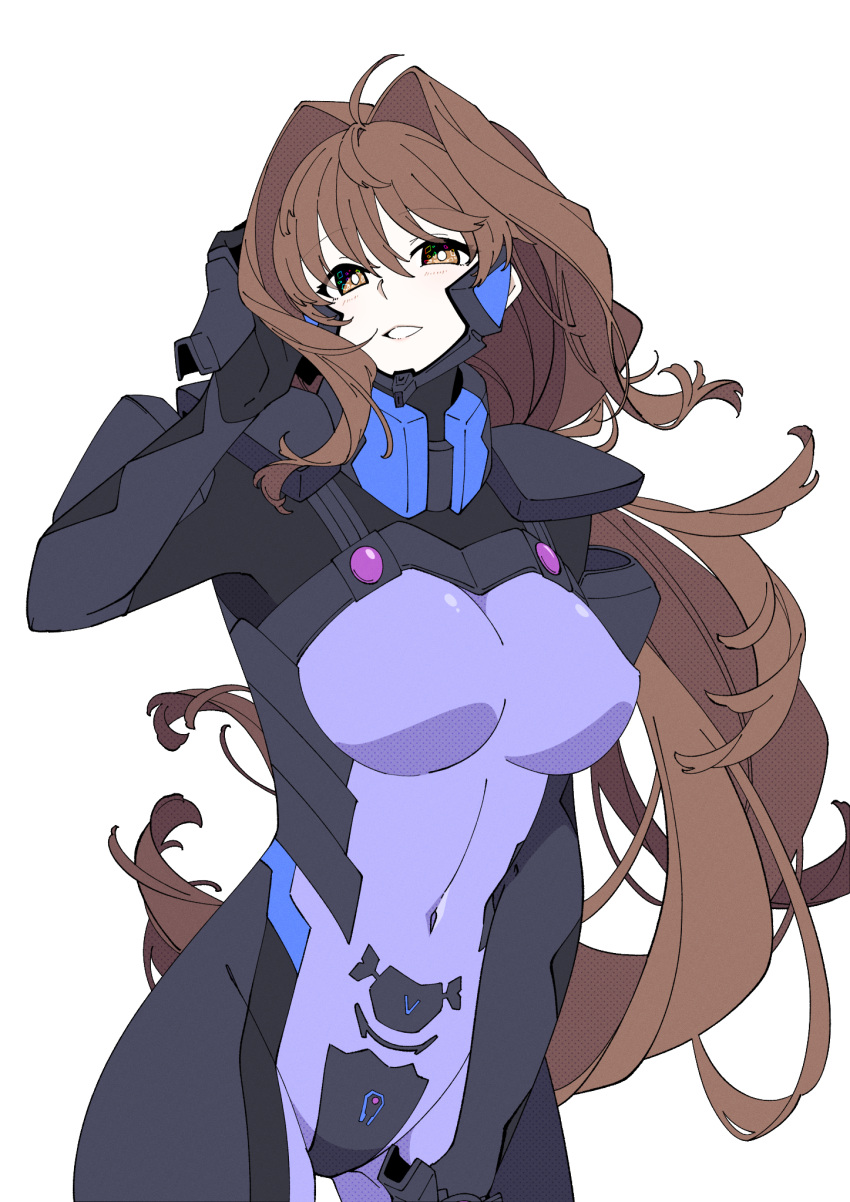 1girl ahoge armored_bodysuit bodysuit breasts brown_eyes brown_hair covered_navel fortified_suit hair_intakes highres impossible_bodysuit impossible_clothes jinguuji_marimo kamon_rider large_breasts long_hair looking_at_viewer muv-luv muv-luv_alternative open_mouth pilot_suit science_fiction see-through_bodysuit skin_tight smile solo very_long_hair