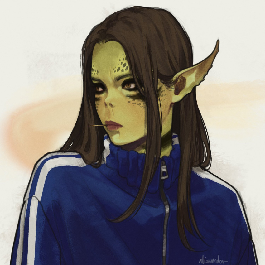1girl alisandor baldur's_gate baldur's_gate_3 blue_track_suit brown_eyes brown_hair close-up colored_skin dungeons_and_dragons gith_(dungeons_and_dragons) green_skin highres lae'zel long_hair mouth_hold pointy_ears portrait simple_background solo stalk_in_mouth straight_hair toothpick track_suit white_background zipper