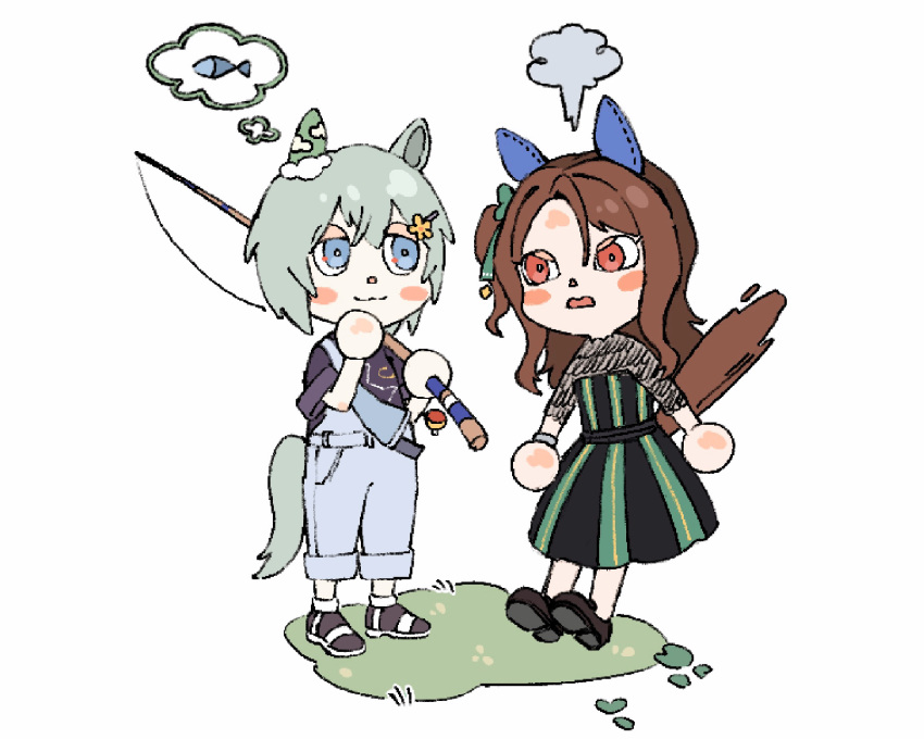 2girls :3 angry animal_crossing animal_ears black_dress black_footwear black_shirt blue_eyes blush_stickers brown_hair dress ear_covers fish fishing_rod green_hair highres holding holding_fishing_rod horse_ears horse_girl horse_tail king_halo_(umamusume) long_hair multiple_girls one_side_up oo_sungnim overalls puff_of_air purple_shirt red_eyes seiun_sky_(umamusume) shirt shoes short_hair standing stiff_tail tail thought_bubble umamusume v-shaped_eyebrows white_background