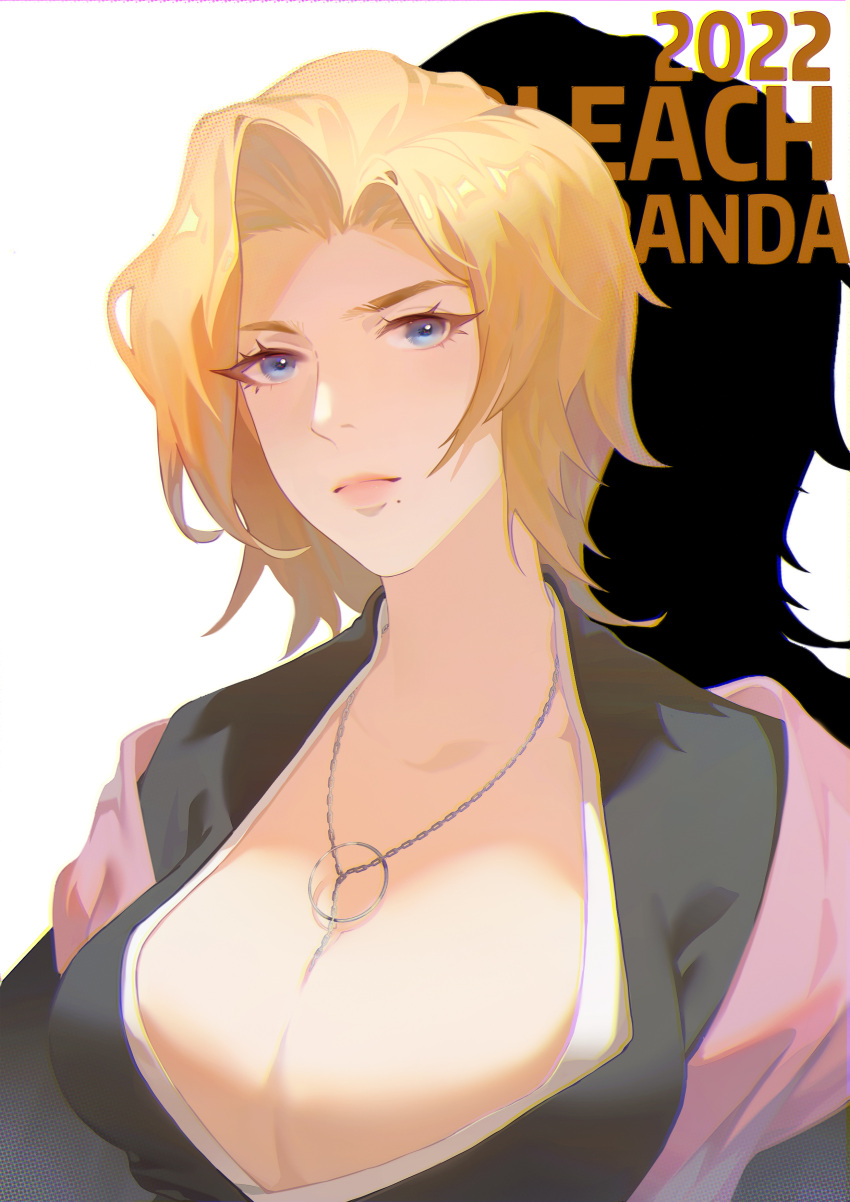 1girl absurdres black_kimono bleach blonde_hair blue_eyes breasts cleavage highres japanese_clothes jewelry kimono large_breasts low_neckline matsumoto_rangiku medium_hair mole mole_under_mouth necklace pink_lips portrait simple_background solo white_background zm-panda-