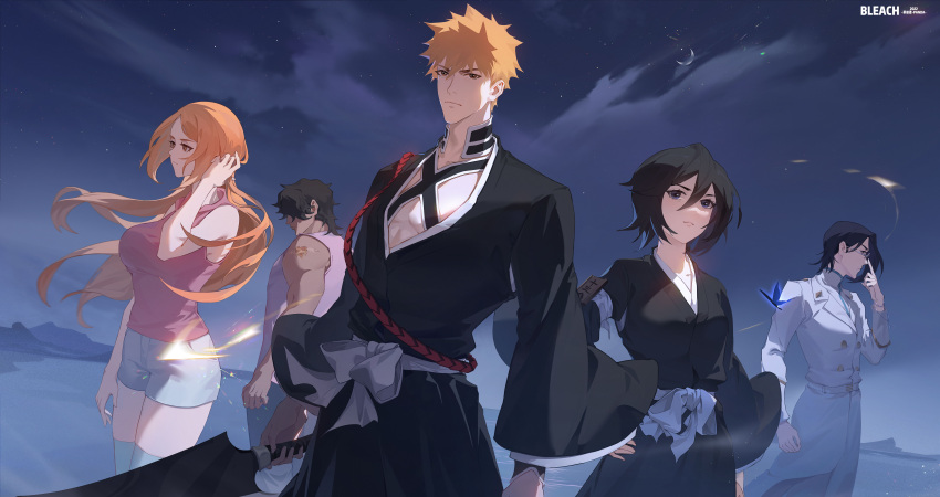 2girls 3boys absurdres adjusting_eyewear adjusting_hair belt black_hair black_kimono bleach blue_eyes bracelet brown_eyes cloud coat dark-skinned_male dark_skin glasses highres holding holding_sword holding_weapon inoue_orihime ishida_uryuu japanese_clothes jewelry kimono kuchiki_rukia kurosaki_ichigo long_hair multiple_boys multiple_girls muscular muscular_male night night_sky orange_hair outdoors pink_shirt rectangular_eyewear sado_yasutora shirt short_hair short_shorts shorts shoulder_tattoo sky sleeveless sleeveless_shirt spiked_hair standing sword tattoo thighhighs weapon white_coat white_shirt zm-panda-