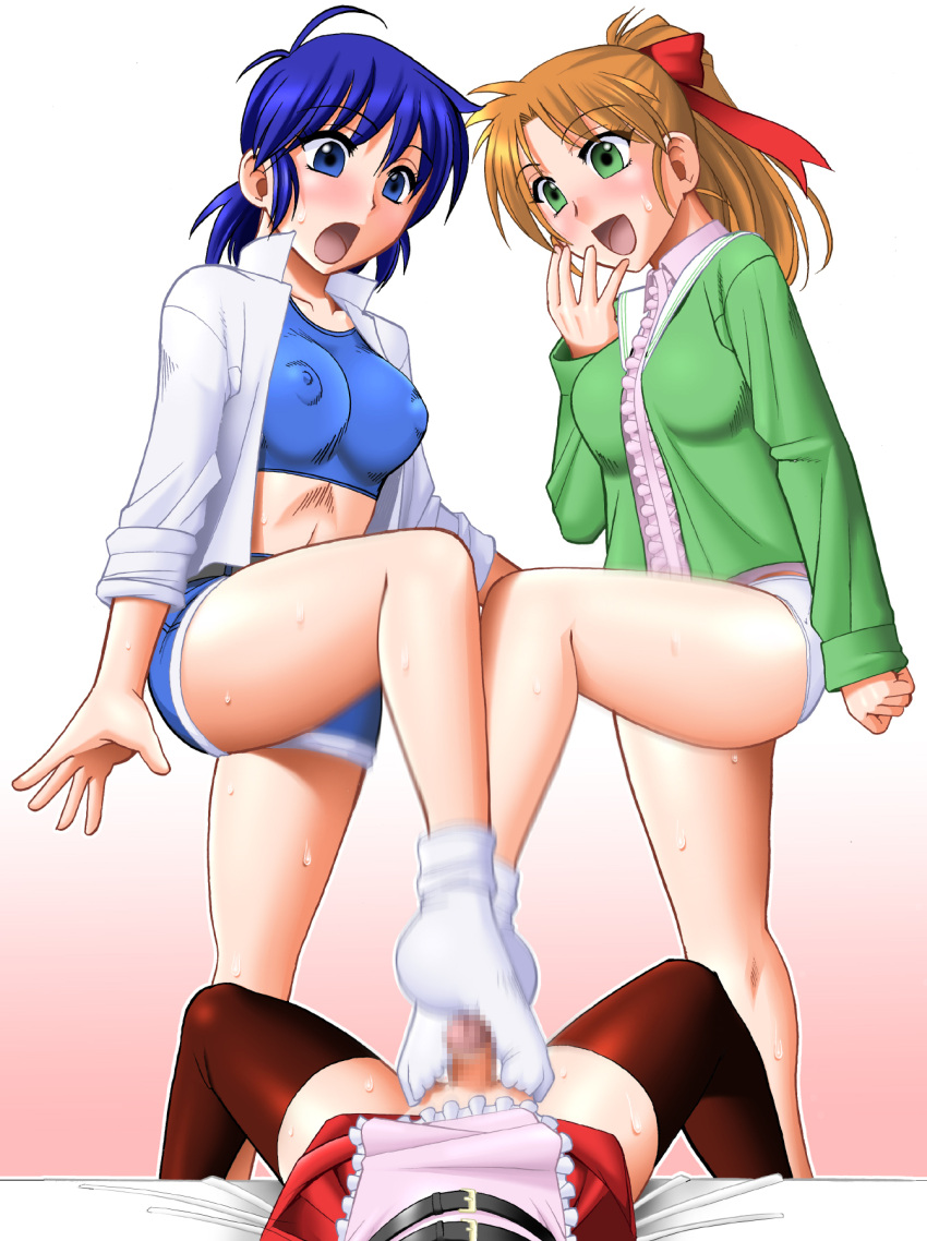 1boy 2girls blue_eyes blue_hair blue_shorts blue_sports_bra blush breasts brown_thighhighs censored covered_nipples dress footjob footjob_over_clothes green_eyes green_jacket hand_on_own_face high_ponytail highres jacket long_hair long_sleeves mana_(super_real_mahjong) medium_breasts minase_itsuki_(vs_janshi_brand-new_stars) mokkouyou_bond mosaic_censoring motion_blur multiple_girls navel nipples on_bed open_mouth orange_hair otoko_no_ko panties penis ponytail shiny_skin shirt short_hair shorts simple_background skirt smile socks sports_bra super_real_mahjong sweat thighhighs underwear vs_janshi_brand-new_stars white_panties white_shirt white_socks yuu_(super_real_mahjong)