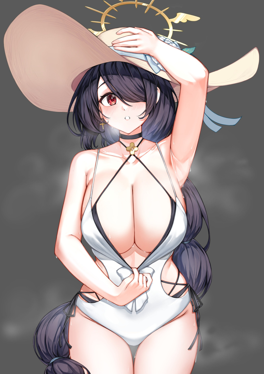 absurdres arm_up black_hair blue_archive braid breasts center_opening cross cross_earrings earrings flower halo halterneck hand_on_headwear hat hat_flower hat_ribbon highres hinata_(blue_archive) hinata_(swimsuit)_(blue_archive) jewelry large_breasts moecchi one-piece_swimsuit red_eyes ribbon single_braid sun_hat swimsuit three_quarter_view