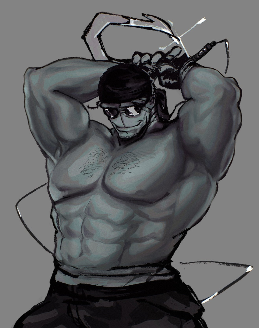 1boy abs bandana bara character_request colored_skin cowboy_shot facial_hair gloves goatee_stubble grey_skin highres large_pectorals luanhi3 madness_combat male_focus muscular muscular_male navel navel_hair nipples pants pectorals solo sparse_chest_hair standing stomach strongman_waist stubble sunglasses unfinished