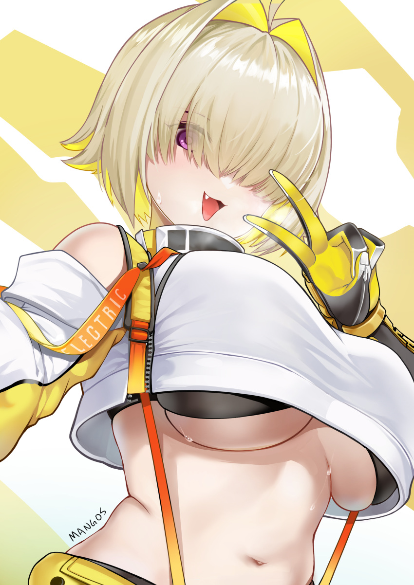 1girl absurdres ahoge black_sports_bra blonde_hair blush breasts clothing_cutout crop_top crop_top_overhang cropped_sweater elegg_(nikke) fang from_below gloves goddess_of_victory:_nikke hair_intakes hair_over_eyes highres huge_breasts large_breasts long_bangs long_sleeves looking_at_viewer midriff multicolored_clothes multicolored_gloves multicolored_hair navel open_mouth plump purple_eyes shorts shoulder_cutout simple_background smile solo sports_bra stomach suspender_shorts suspenders taut_sweater two-tone_hair underboob upper_body upright_ahoge v washout008